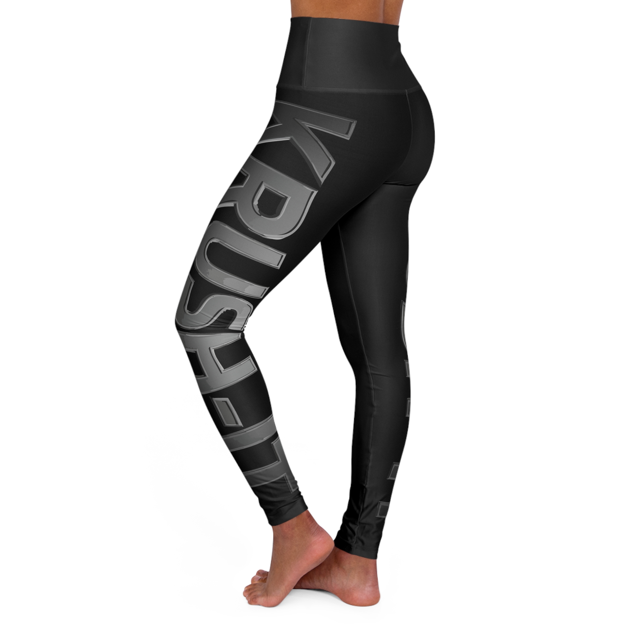 High Waisted Yoga Leggings - Sleek Black Design with Motivational Text - Image 3