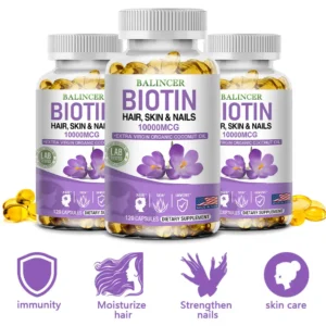 Balincer Biotin Supplement with Organic Coconut Oil - Supports Keratin for Healthier Hair & Skin, 10,000mcg, 30/60/120 Softgels